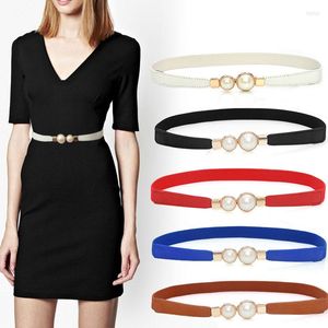 Belts Stretch Narrow Waist Seal Alloy Buckle Women Double Pearl Belt PU Leather Elastic Thin Solid Color Straps