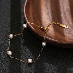 Anklets Stainless Steel Chain Gold Color Anklet Simulated Pearl Bohemian Vintage Foot Leg Ankle Bracelets Sandals Jewelry