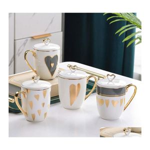 Mugs Ups Pretty Heart Mug With Lid Porcelain Gold Decoration Cute Coffee Tea Milk Cup Office Drinkware Birthday Gfit For Her Mom Dro Dheno