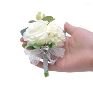 Dekorative Blumen Hochzeit Männer Bräutigam Korsagen und Boutonnieres weiße Rose Seide Vintage Brosche Party Braut Abschlussball Dekoration Zubehör