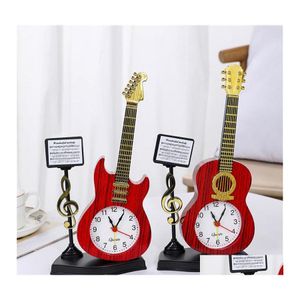 Desk Table Clocks Miniature Guitar Model Alarm Clock For Dollhouse Accessories Musical Instrument Diy Part Home Decor Gift Wood Cr Dhjqe