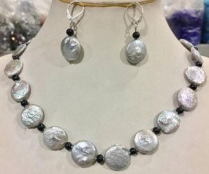 Halskette-Ohrringe-Set, wunderschöne 14–15 mm große Münze, graue Perle, schwarze Perle, 50,8 cm