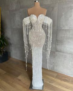 Luxury Prom Dresses Sleeveless V Neck Off Shoulder Appliques Sequins Beaded Pearls Tassel Floor Length Celebrity Formal Evening Dresses Plus Size Custom Made