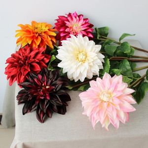 Decorative Flowers Luxury Large Real Touch Dahlia Artificial Flower Long Branch With Green Leaf For Home Room Decor Fake Wedding Decoration