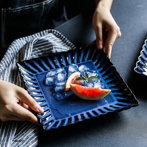 Plates Japanese Art Retro Blue Petal Ceramic Tableware Western Steak Plate Home Kitchen Square Fruit Dessert Sushi 10 Inches