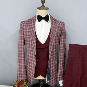 Herrenanzüge, Blazer, karierter Anzug, dreiteiliger Anzug, modischer Business-Anzug mit flachem Kragen für Herren, Hochzeitskostüm, Jacke, Weste mit Hose