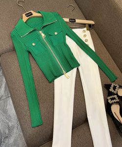 T1107 Women's Jackets The latest autumn high quality double head zipper design slim green lapel ice silk knit cardigan small outfitoftheday coat