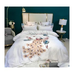 Bedding Sets Luxury 60S White Peacocks Embroidery Duvet Er Bed Linen Fitted Sheet Pillowcases Bedclothes King Queen Size 4Pcs Drop D Dhtkb