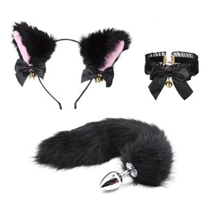 Bondage Anal Sex Toys Tail Butt Plug y Plush Cat Ear Headband With Bells Necklace Set Massage toys For Women Couples Cosplay 230113