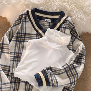 Womens Hoodies Sweatshirts Preppy Style Plaid Womens Sweatshirt Autumn Winter Thick Vneck Knitted Ribbed Pullover Long Sleeve Hoodie Winter Clothes Women 230113