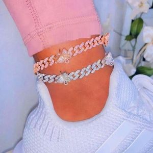 Anklets Luxury Rhinestone Hip Hop Butterfly Iced Out Cuban Link Anklet Bracelet For Women Nightclub Bling Crystal Cubic Zirconia