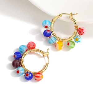 Hoop Earrings Lifefontier Bohemia Colorful Glaze Beads For Women Girls Flower Print Beaded Gold Color Metal Jewelry