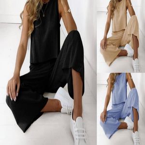 Women's Sleepwear Women's Pajamas Summer Casual Cotton Linen Solid Sleeveless Top With Wide Leg Pants Set 2023 Fashion Ladies Homewear