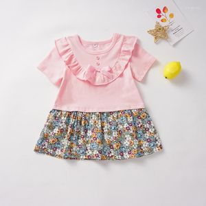 Vestidos de menina Pink Summer Summer Girls Girls Ruffle Rouse Boutique Casual Floral Print Dress Design Kids Costume