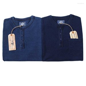 Męskie koszulki Dong Bob 2023 Indigo Henley Plain T-shirty vintage krótkie kieszonkowe koszulki