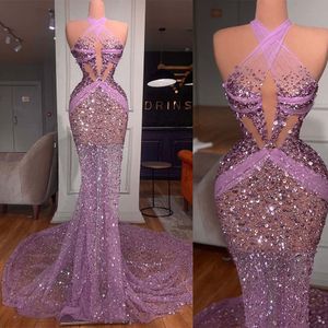 Fashion Purple Mermaid Prom Dresses Illusion Sexy Halter Beads Sequins Formal Evening Occasion Gowns For Women Plus Size