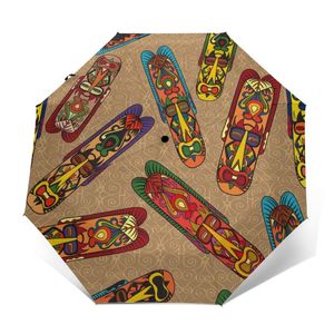 Umbrellas Wind Resistant Fully-Automatic Umbrella Tribal African Mask Ethnic Rain 3 Folding Parasol Travel Car