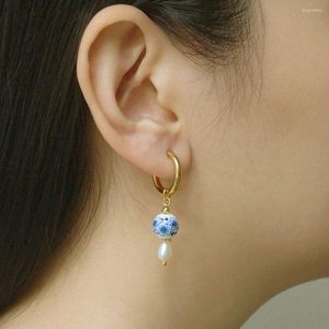 Hoop Earrings Chinese Blue And White Porcelain Delicate Love Heart Teapot Pendant Minority Design Sense