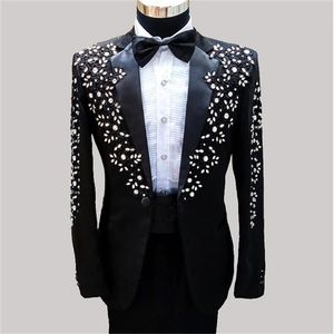 Mens Suits Pieces Luxury Crystal Men Beads Custom Made Wedding High Waist Pant Tuxedos Peaked Lapel Blazer Business Coat Blazers