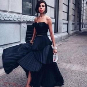 Party Dresses A Line Dress Modern Black Pleats Evening Tiered Skirt 2023 Simple Strapless Ankle Length Celebrity Gowns