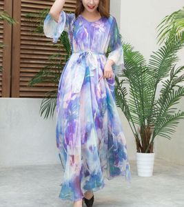 Abbigliamento etnico Viola Boho Donna Fiori Stampa Manica a tromba Abito lungo Vacanza Abaya Abiti islamici Spiaggia musulmana Vestaglia ampia Vestidos