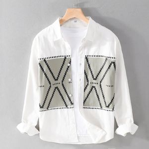 Men's Casual Shirts Personality Printing White Shirt Men Cotton Comfortable Retro Loose Lapel Simple All-Match Tendy Male Blouse TopsMen's