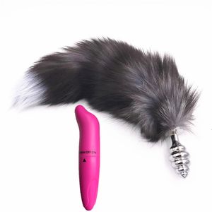 Anal Toys 2 PCSlot Vibrator och White Tail Plug Butt Sex Toy for Woman Men Y Adult Products 230113