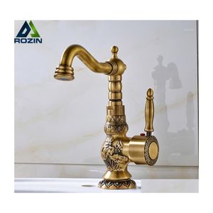 Rubinetti per lavabo da bagno Rubinetto per lavabo in ottone antico Beccuccio a naso lungo Rubinetto per lavabo intagliato a fiore 360 Rotazione Miscelatore monocomando Torneiras1 Dhxmt