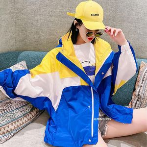 Jackets femininos Spring Hip Hop Jacket Hooded Breakbreaker feminino Streetwear Retro Color Block Patchwork Coat Autumn Harajuku Track Loose