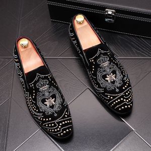 Handgjorda svarta bröllopsfestskor Rhinestone broderi Fashion Men's Suede Loafers Noble Elegant Dress Shoes 37-44