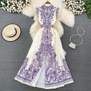 Vintage Court Style Sukienka z latającymi rękawami w talii w talii cienki pojedynczy piersi elegancka sukienka A-line