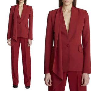 Bahar Moda Koyu Kırmızı Kadın Pantolon Düğün için Takım Takım Takım Kurulu Partisi Blazer Konuk Giyim 2 Parça