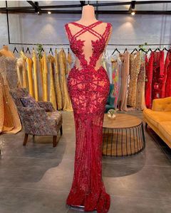 Red Mermaid Prom Dresses V Neck Sleeveless Straps 3D Lace Appliques Sequins Beaded Pearls Floor Length Hollow Sexy Celebrity Evening Dresses Plus Size Custom Made