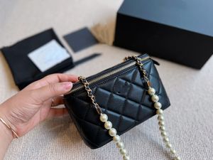 Schwarze Luxus-Damen-Umhängetasche, Umhängetasche, Modedesigner-Tasche, Box-Tasche, Reißverschlusstasche, Kosmetik-Handtasche, Geldbörse, Perlenkette, klassisches Ringer-Muster