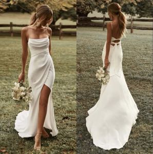 Simple Sexy Mermaid Boho Wedding Dresses High Slit Spaghetti Straps Bridal Dress Backless Bohemian Bride Gowns Vestidos De Noiva Custom Made