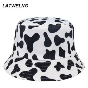 Breite Krempe Hüte Mode Reversible Schwarz Weiß Kuh Druck Eimer Hut Sommer Sun Caps Für Frauen Männer Fischer Großhandel B058