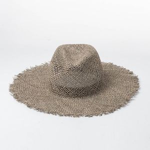 Breda brimhattar 202304-shi sommarhand vävt salt gräs burr strand lady fedoras cap kvinnor panama jazz semester hatt