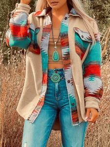 Womens Jackets Fashion Aztec Geometric Splicing Jacket Button Down Long Sleeve Top Lapel Shirt Pocket Shacket Western Coat Vintage Outwear 230114
