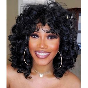 African American 100% Human Hair Wigs Short Bouncy Curly Wig With Bangs Afro Kinky Curls Full Machine Made Natural Looking 150%