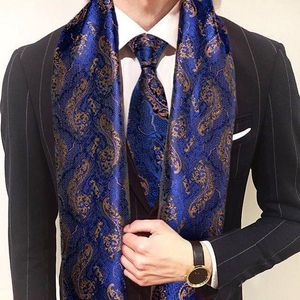Scarves Fashion Men Tie Blue Gold Jacquard Paisley Silk Scarf Autumn Winter Casual Business Suit Shirt Shawl Barry.Wang