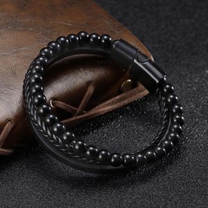 Charm Armbänder Original Armband für Männer Edelstahl Matt Naturstein Handkette Herren Geflochtenes Leder Armreif Schmuck Großhandel