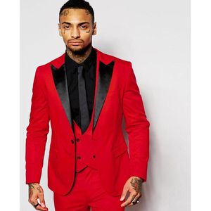 Men's Suits & Blazers Fashion Red Mens Black Peaked Lapel Three Pieces Groom Tuxedo Men Suit Custom Made Slim Fit Groomsmen ( Jacket Pants V
