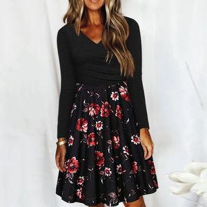 Casual Dresses Women's Autumn Floral Printed Dress Long-Sleeved Retro Print Vintage A-Line Rockabilly Plus Size S-4XL