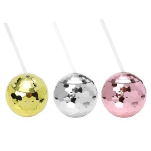 Copos de água de plástico mágicos Drinkware Disco Ball Copos de vinho Piscando bolas galvanizadas com canudos Terno para festa e bar