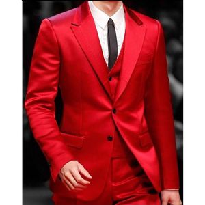 Men's Suits & Blazers Custom Red Satin Prom/Party Men Slim Fit Skinny Fashion Groom Tuxedos Blazer 3 Pieces (Jacket Vest Pants)