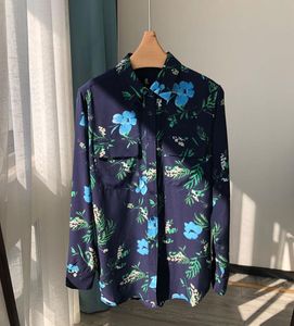 Women's Blouses & Shirts 2023 Early Spring Navy Blue Background Printed Sand-washed Silk Long-sleeved Shirt