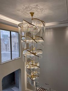 Modern Long Spiral Chandeliers Lights Fixture American Luxury Crystal Chandelier European Stor hängande lampa hem inomhus vardagsrum trappor Hallhall droplight