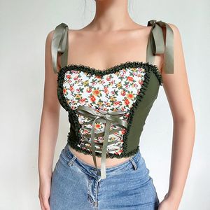 Canotte da donna Camis con stampa floreale Canotta da donna Fata Grunge Estetico Lace Up Patchwork Corsetto verde Top Vintage Ruffles Trim Crop Vest