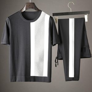 メンズトラックスーツニット男性セット（Tシャツパンツ）ラグジュアリーサマーショートスリーブTシャツメンズファッションスリムシルクスポーツカジュアルマン4xl