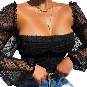 Blusas femininas camisas de moda Spring Autumn Tops Blusa da camisa feminina Rougada de manga comprida Tulle Strappy Collar Square Colar Sexy Cropped Lady